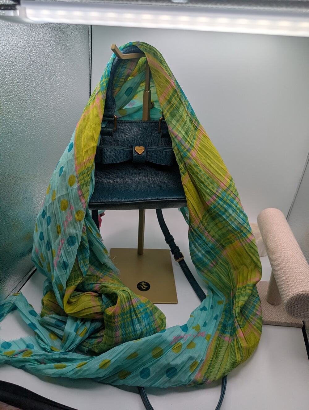 Betsey Johnson Teal Faux Leather Bow Heart Mini Crossbody Satchel Scarf SET